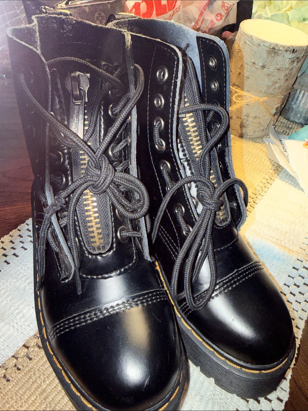 Dr. Martens Black Lace-Up Combat Boots with Yellow Stitching - Picture 4 of 10